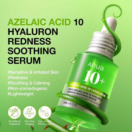 Anua Azelaic Acid 10 Hyaluron Redness Soothing Serum, Facial Serum for Blemish-Prone & Oily-Prone Skin, Lightweight & Hydrating Blemish Care, Hyaluronic Acid, Korean Skincare, 1.01 fl oz.