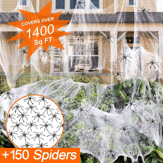 Halloween Spider Webs 1400 sqft Halloween Spider Webs Decorations with 150 Extra Fake Spiders, Super Stretchy Cobwebs for Halloween Decor Indoor and Outdoor