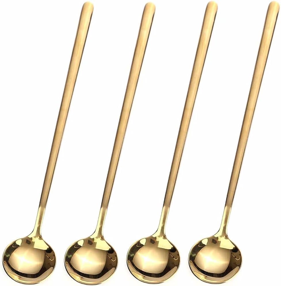 4 PCS 6.7 Inches Coffee/ Tea Spoons Long Handle, Gold, Ice Tea, Espresso Stainless Steel Long Spoons for Stirring