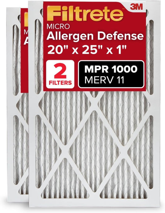 Filtrete 20x25x1 AC Furnace Air Filter, MERV 11, MPR 1000, Micro Allergen Defense, 3-Month Pleated 1-Inch Electrostatic Air Cleaning Filter, 2 Pack (Actual Size 19.688 x 24.688 x 0.84 in)