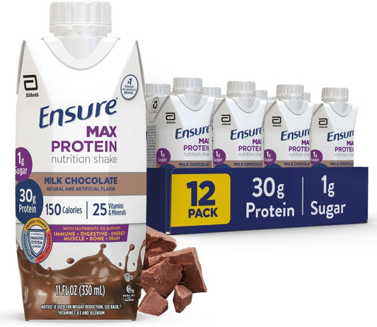 Ensure Max Protein Shake | Milk Chocolate | Ready to Drink | 30g Protein for Muscle Health | 1g Sugar, 4g Fiber | 11 fl oz, 12 Pack