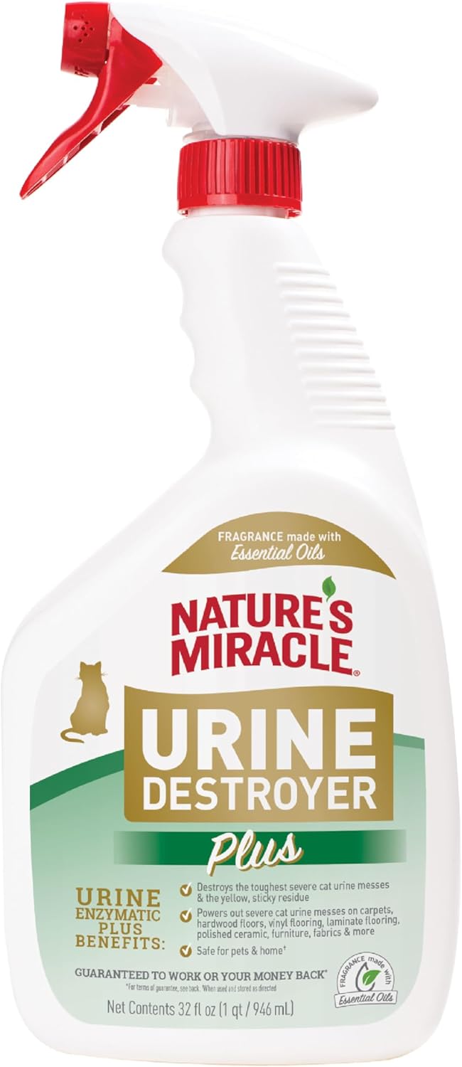 Nature’s Miracle Urine Destroyer Plus Cat, 32 Ounces,Unscented, Enzymatic Formula, Ready-to-Use