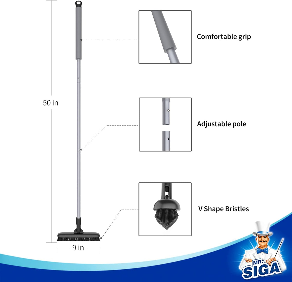 MR.SIGA Heavy Duty Grout Scrub Brush with Long Handle, Shower Floor Scrubber for Cleaning, Tile Scrub Brush with Stiff Bristles