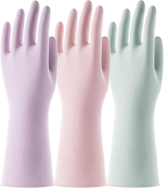 COOLJOB 3 Pairs Colorful Household Gloves with Cotton Liner & Non-slip Grip, Water Resistant Reusable Dish Washing Rubber Gloves for Kitchen & Bathroom Cleaning, Small
