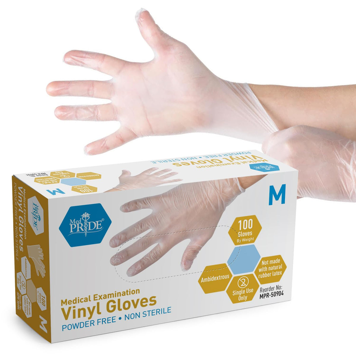 MED PRIDE Disposable Medical Grade Vinyl Exam Gloves, Latex & Powder Free, Ultra-Strong, for Healthcare & Food Handling (Medium (Pack of 100) 100 Clear)
