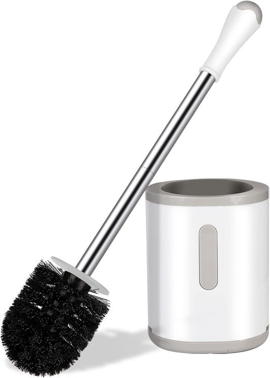 AONEZ Compact Toilet Brush & Holder, Stainless Steel Handle, Space Saving for Storage, Deep Cleaning, Drip-Proof, Easy to Assemble, Nylon Bristles, White & Grey