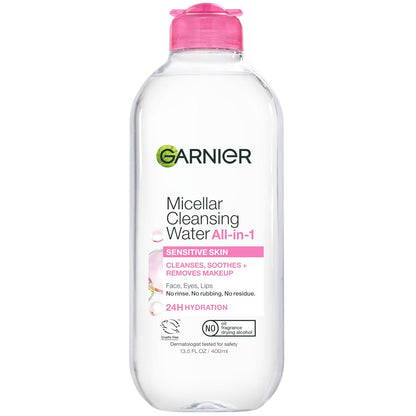 Garnier Micellar Water, Hydrating Facial Cleanser & Makeup Remover, Suitable for Sensitive Skin, Vegan, Cruelty Free, 13.5 Fl Oz (400mL), 1 Count