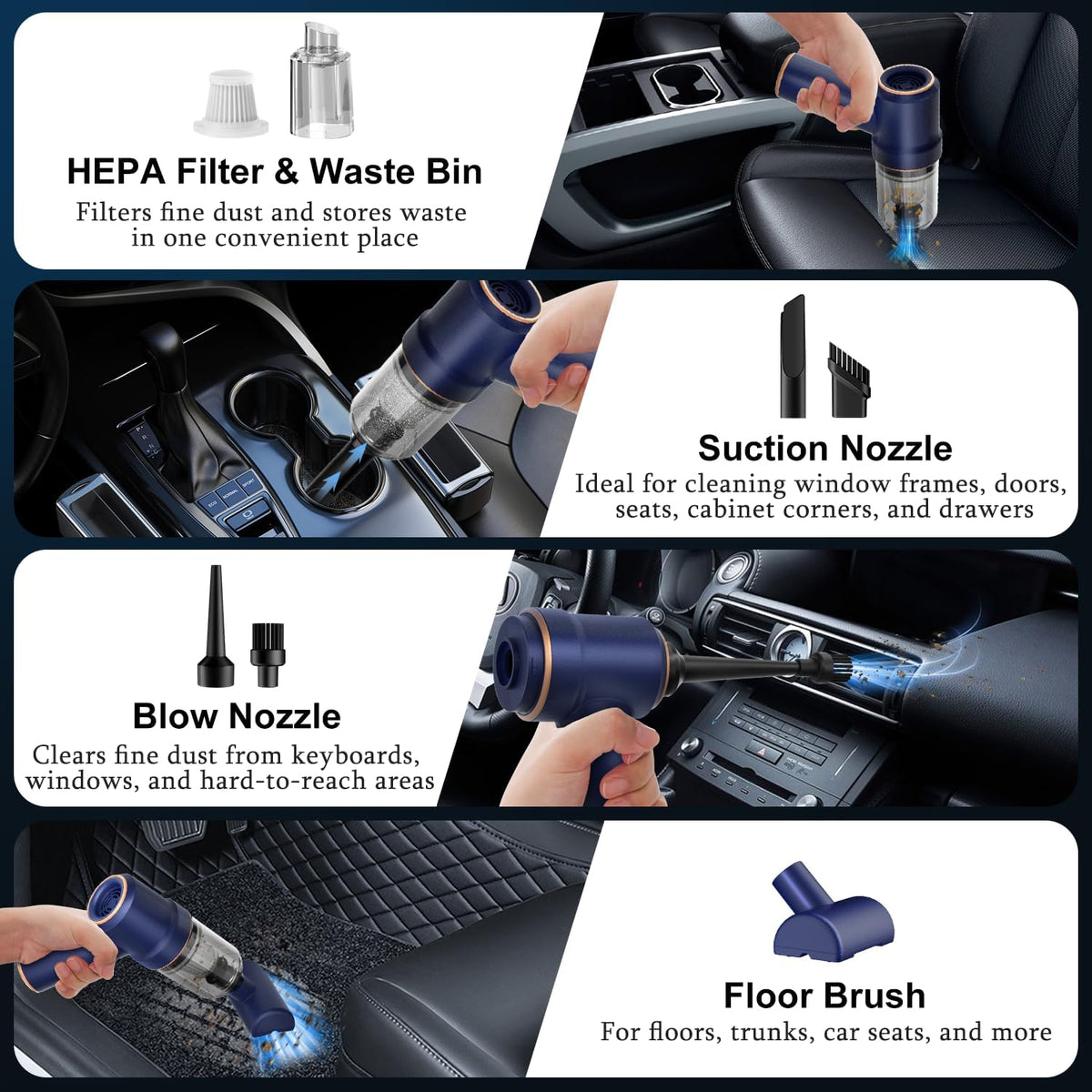 KMM Handheld Car Vacuum Cleaner, 9000Pa Vacuum Cleaner and Air Duster, 120W High Power Hand Held Vacuum with LED Light and Multi-Nozzles for Car, Home, Office, Pet