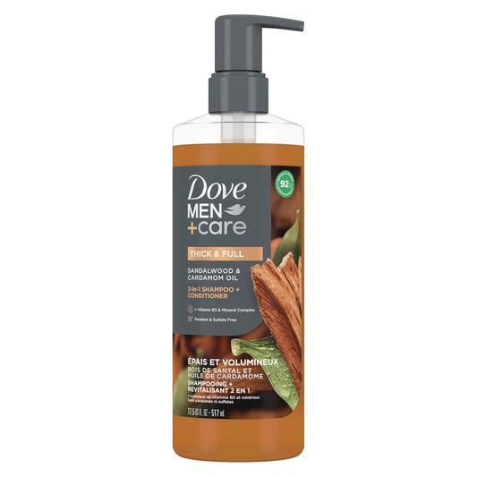 DOVE MEN + CARE 2-in-1 Shampoo + Conditioner Sandalwood & Cardamom Oil for Thick & Full Hair, + Vitamin B3 & Mineral Complex, 17.5 oz