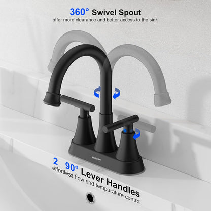 Bathroom Faucets for Sink 3 Hole, Hurran 4 inch Matte Black with Pop-up Drain and 2 Supply Hoses, Stainless Steel Lead-Free 2-Handle Centerset Faucet for Sink Vanity