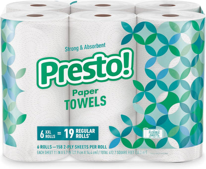 Amazon Brand - Presto! Ultra-Strong Premium Paper Towels, 158 Sheet Huge roll - Flex-a-Size, 6 Rolls, Equivalent to 19 Regular Rolls, White