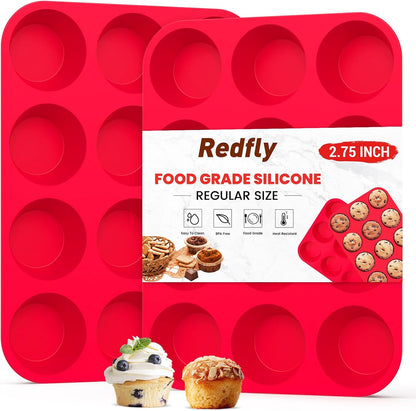 Redfly 2 Pack Silicone Muffin Pans for Baking & Cupcake Pan - 12 Cup Regular Size Silicone Molds, BPA Free Egg Bites Mold