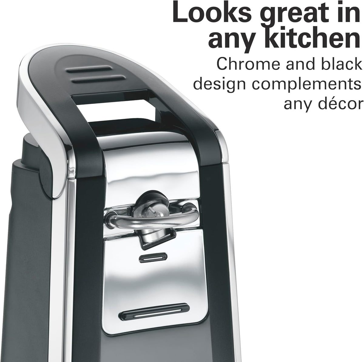 Hamilton Beach Smooth Touch Electric Automatic Can Opener with Easy Push Down Lever, Eliminates Sharp Edges, Opens All Standard-Size and Pop-Top Cans, Extra Tall, Black and Chrome (76606AG)