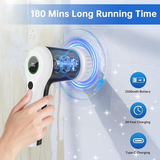 PUFTEM Electric Spin Scrubber, Cordless Shower Scrubber with Battery Level Display, 2 Speeds Electric Scrubber for Cleaning with 6 Replaceable Heads, Cleaning Brush for Bathroom/Sink/Window
