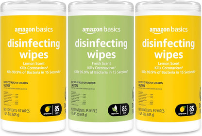 Amazon Basics Disinfecting Wipes, Lemon & Fresh Scent, Sanitizes/Cleans/Disinfects/Deodorizes, 255 Count (2 Packs Lemon, 1 Pack Fresh Scent)