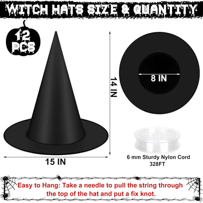 12 PCS Halloween Witch Hats, Black Hanging Witch Hats Porch Yard Decor