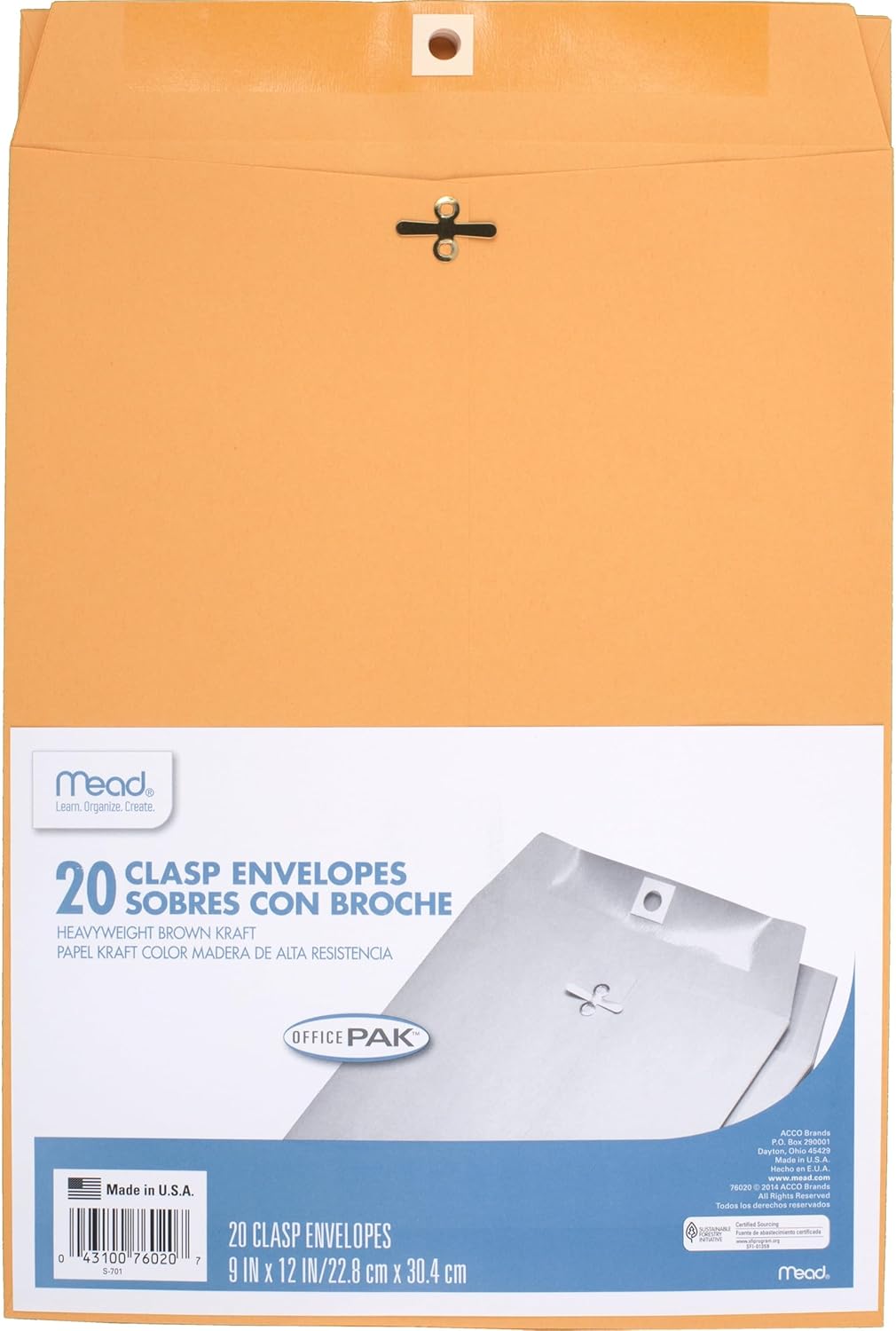 Mead Envelopes, 9" x 12", Clasp Closure, Brown Kraft All-Purpose 24-lb Paper Mailing Envelopes, 20 Count (76020)
