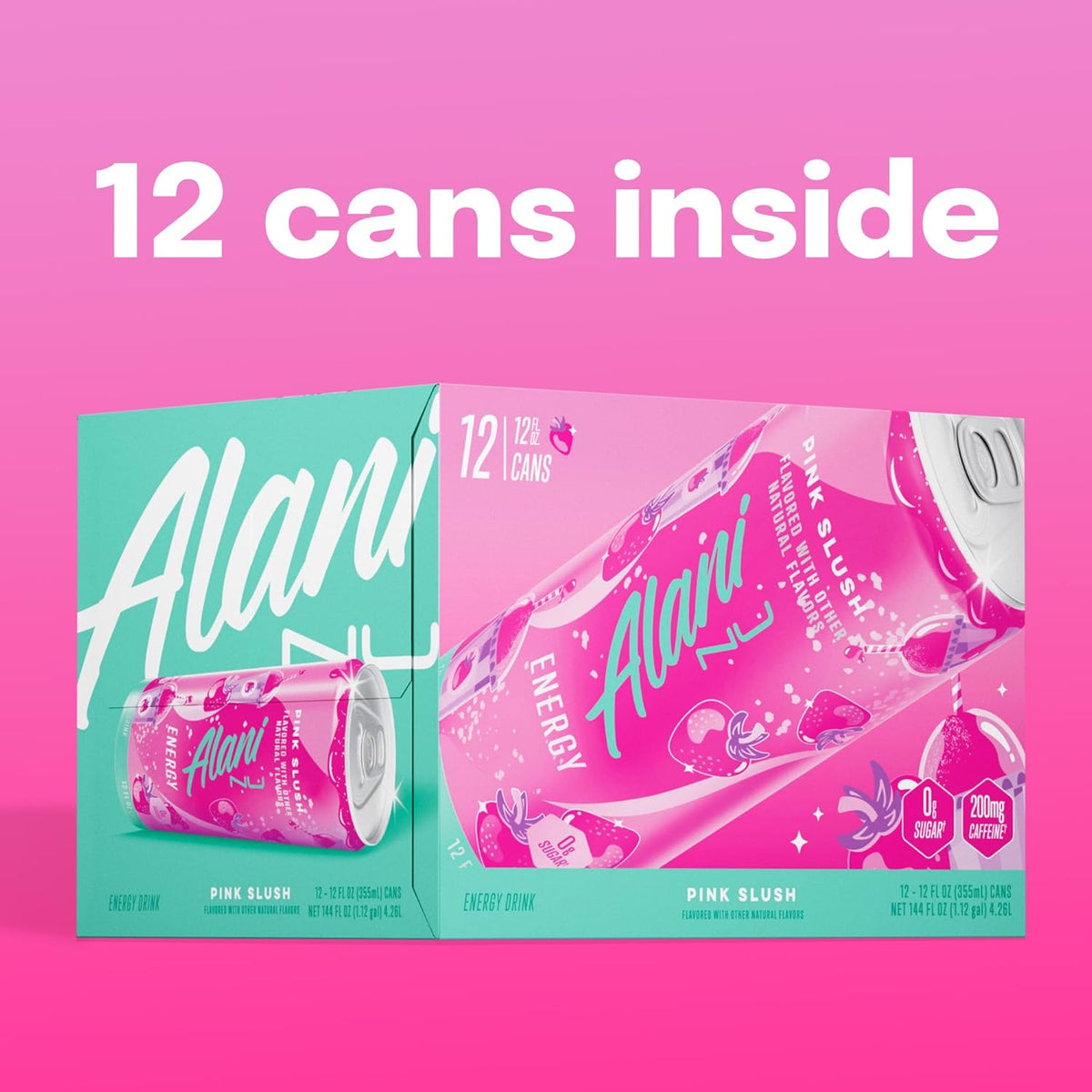 Alani Nu PINK SLUSH, Sugar Free, Low Calorie Energy Drinks, 200mg Caffeine, Biotin, B Vitamins, Zero Sugar, 10 Calories, 12 Fl Oz Cans, 12 Pack