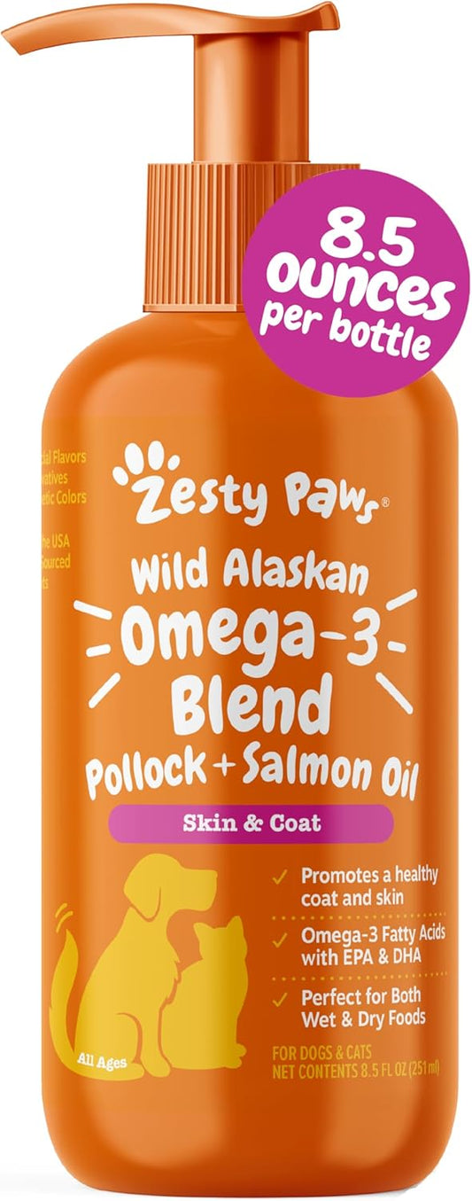 Zesty Paws Wild Alaskan Omega-3 Blend Pollock + Salmon Oil for Dogs and Cats- Skin and Coat Support, Omega 3 Supplement for Pets, 8.5oz