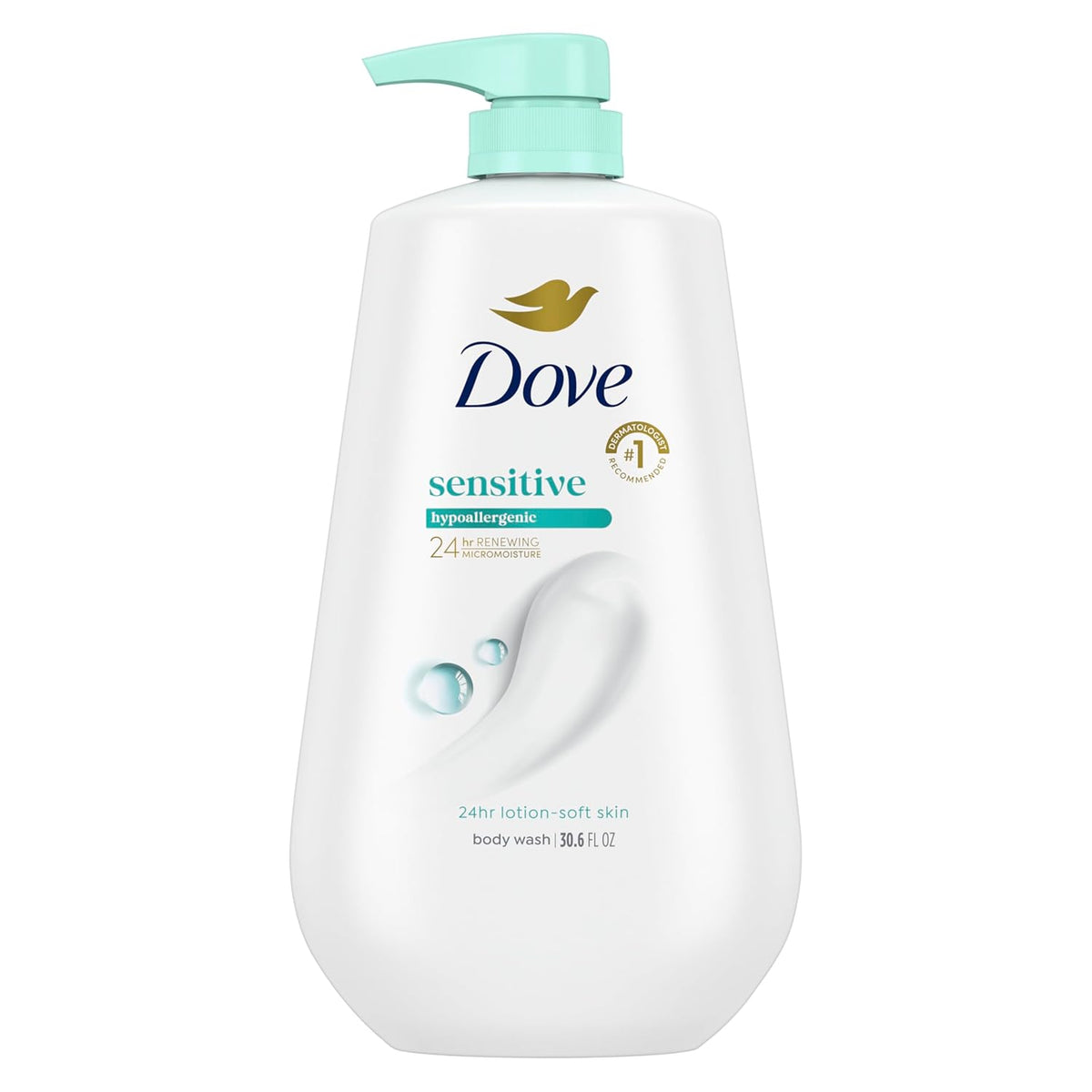 Dove Body Wash with Pump Sensitive Skin For 24hr Lotion-Soft Skin Moisturizing Skin Cleanser Gentle Hypoallergenic Formula with No Sulfates No Parabens 30.6 oz