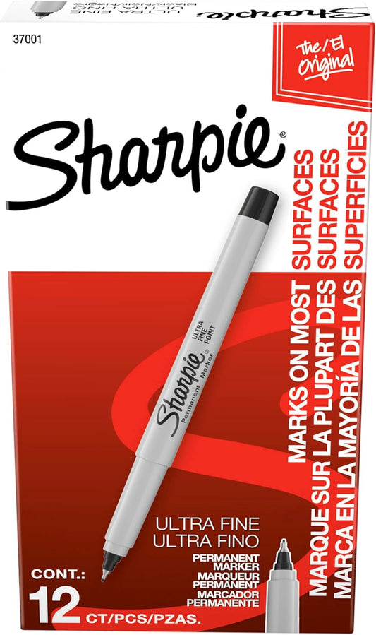Sharpie Permanent Markers, Ultra Fine Tip, Black, 12 Count - Office Supplies, Quick Drying, Fade Resistant, Ideal for Posters, Drawing, Coloring