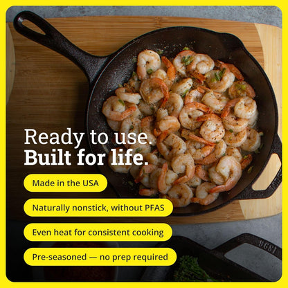 Lodge Seasoned Cast Iron Skillet - PFAS-Free, Non-Toxic Cookware - Use with an Oven, Stove, Grill, or Campfire - Naturally Non-Stick & Oven Safe - 10.25 Inches