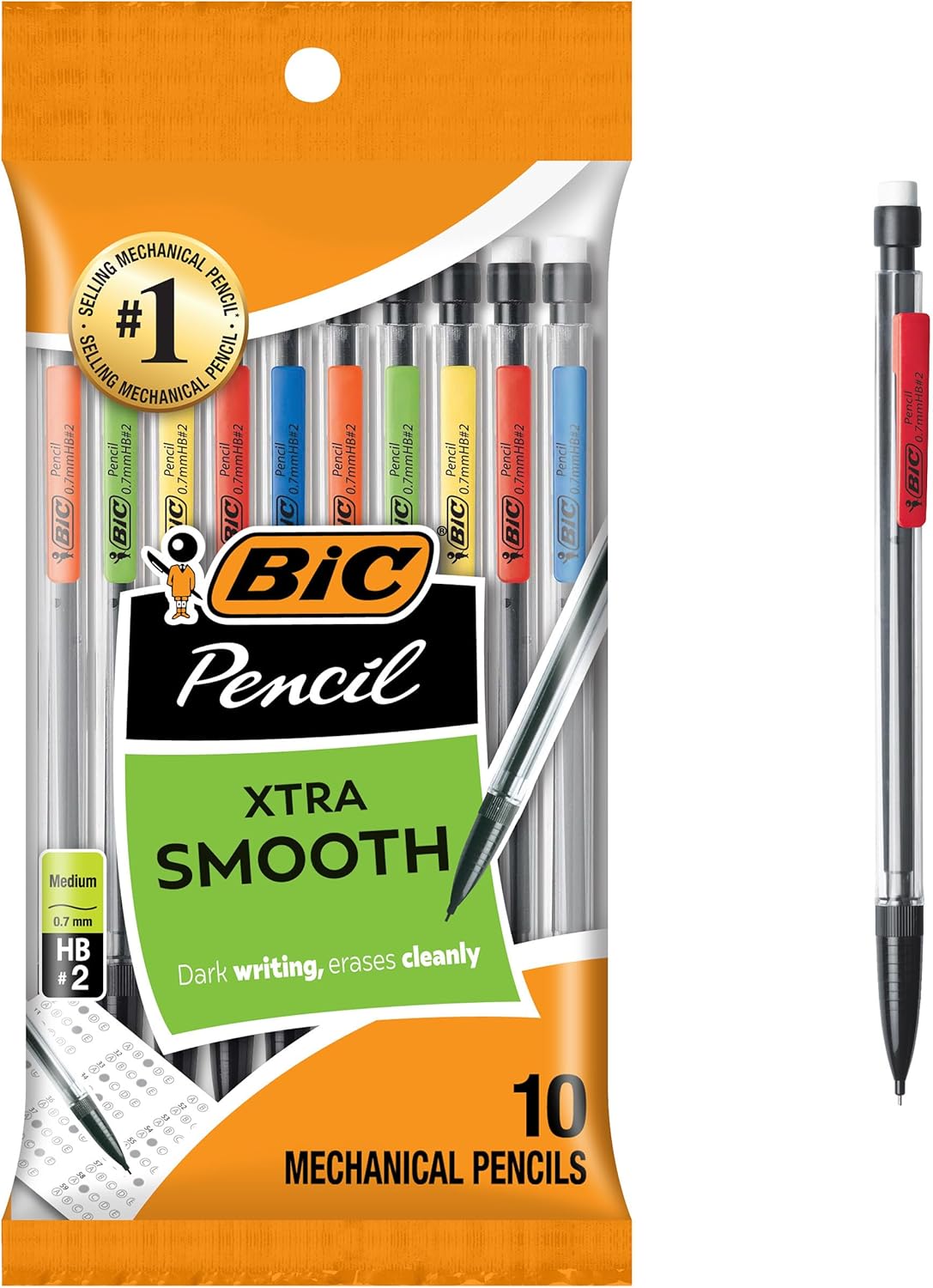 BIC Xtra-Smooth Mechanical Pencils with Erasers, Medium Point (0.7mm), 10-Count Pack, Bulk Mechanical Pencils for School or Office Supplies