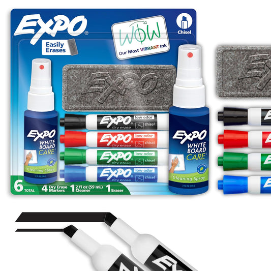 EXPO Dry Erase Markers Kit, Chisel Tip, Assorted Colors, Eraser, Spray Cleaner, 6 Count - Whiteboard, Calendar, Office Essentials, School, Classroom, Teacher Supplies