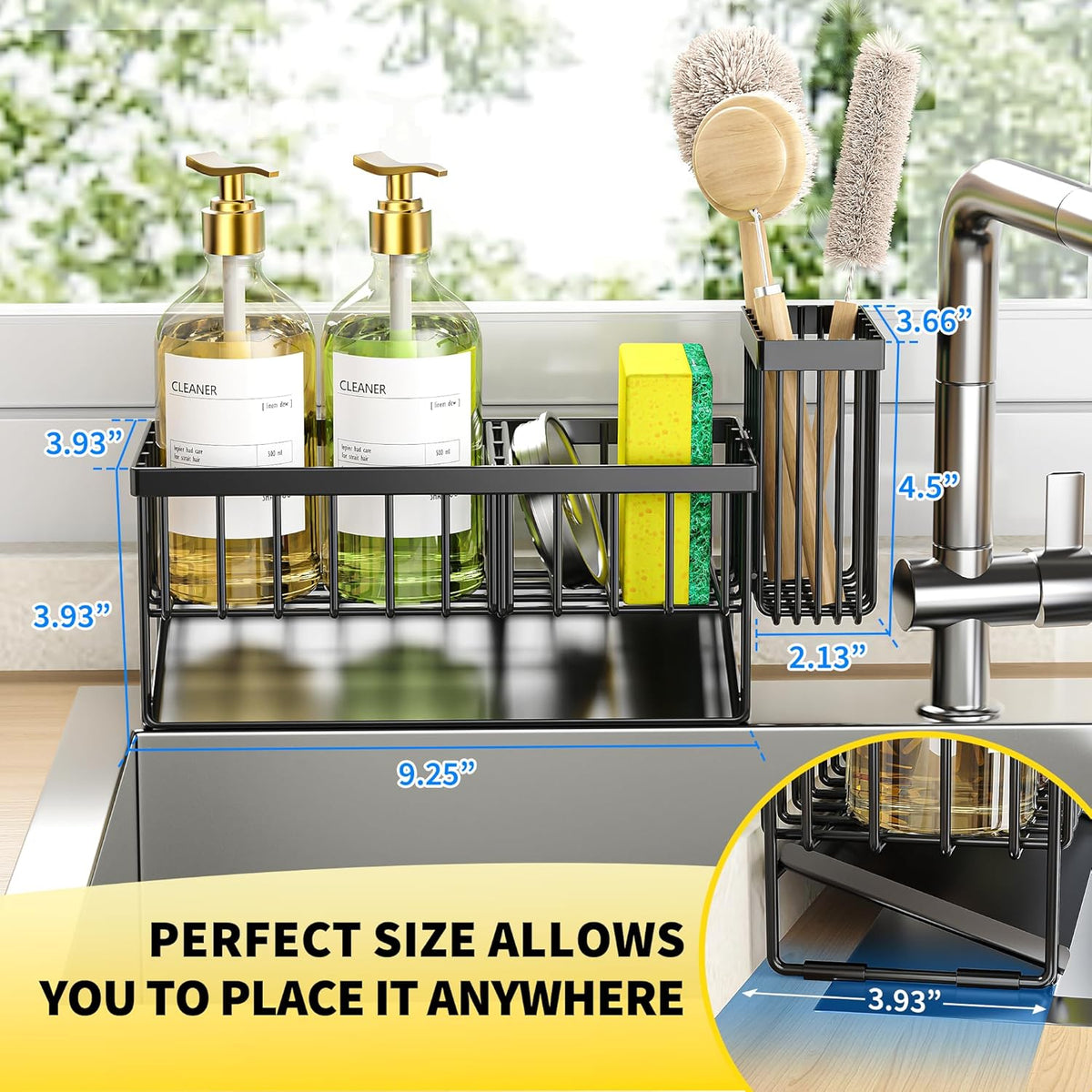 Cisily Sink Caddy Sponge Holder for Kitchen with Brush Holder and Stainless Steel Self Drain Tray, Rustproof Kitchen Sink Organizer for Sponge, Soap Dispenser Storage Accessories