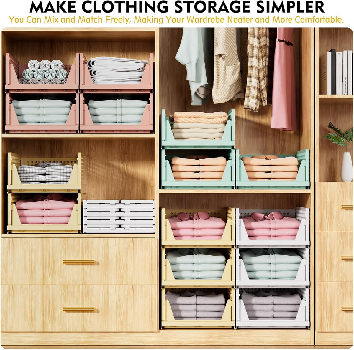 SNSLXH 5 Pack Stackable Closet Storage Basket, Multifunctional & Foldable Closet Organizer for Bathroom Kitchen Laundry Room Wardrobe Storage, Space-Saving Clothes Storage Drawer Organizer, White