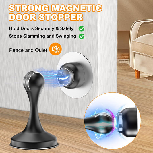 Crosize Magnetic Door Stoppers 2 Pack, Stainless Steel Door Stops, Wall-Mounted and Floor Mounting Metal Doorstops, Door Holder Keep Door Open, No Drilling Door Stop with Adhesive Tapes, Black