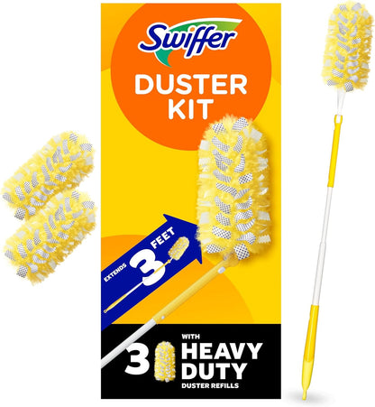 Swiffer Duster Kit with 3 ft Extendable Handle, Heavy Duty Dusting Starter Kit with 3 Refills, for Ceiling Fans, Vents and Hard to Reach Places