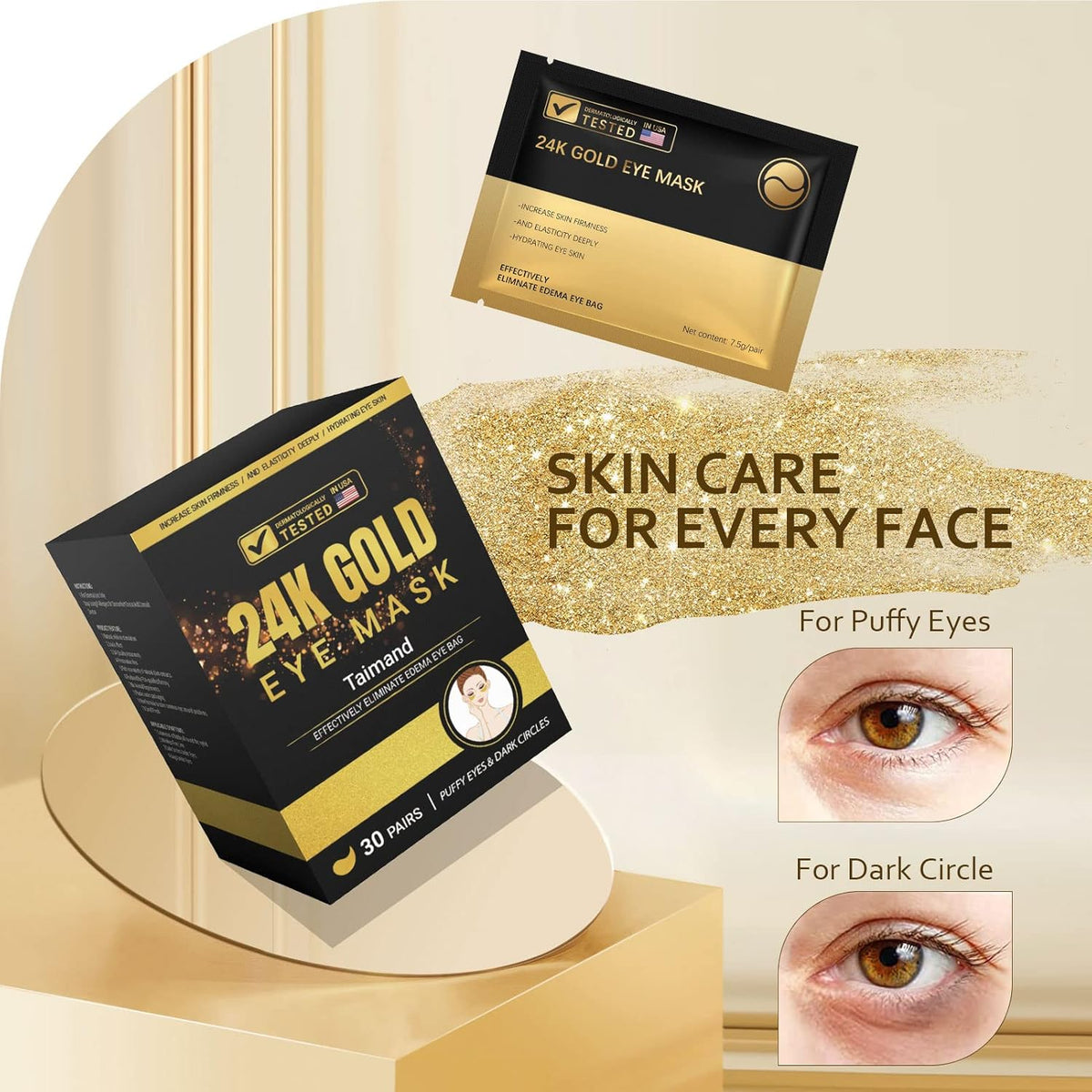 Taimand Under Eye Patches (30 Pairs), 24K Gold Under Eye Mask for Puffy Eyes, Dark Circles,Bags and Wrinkles with Collagen,Relieves Pressure and Reduces Wrinkles,Revitalises and Refreshes Your Skin
