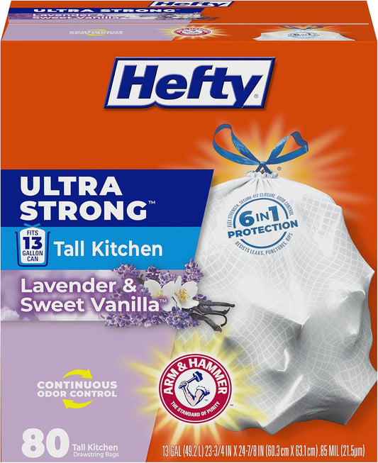 Hefty Ultra Strong 13 Gallon Trash Bags, Tall Kitchen Trash Bags 13 Gallon Size, Drawstring Closure, Continuous Odor Control, White, Lavender and Sweet Vanilla Scent, 80 Bags
