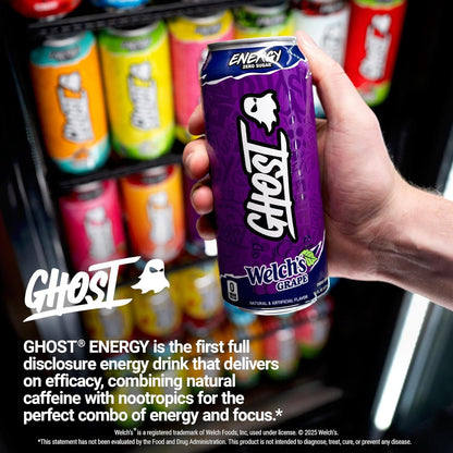 GHOST Energy Drink - 12-Pack, Welch's Grape, 16oz Cans - Energy & Focus & No Artificial Colors - 200mg of Natural Caffeine, L-Carnitine & Taurine - Gluten-Free & Vegan