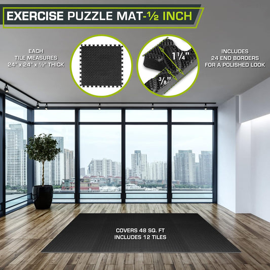 ProsourceFit Puzzle Exercise Mat ½ in, EVA Interlocking Foam Floor Tiles for Home Gym, Water-Resistant Mats Workout Equipment, Floor Padding for Kids, Black, 24 in x 24 in x ½ in, 48 Sq Ft - 12 Tiles