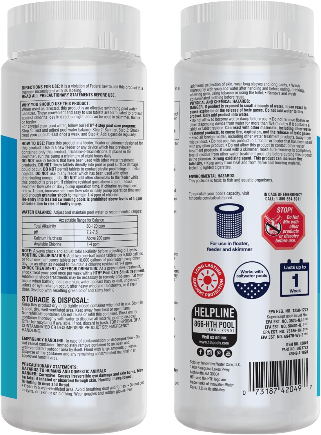 HTH 42049 Pool Care 1" Chlorine Tabs, Swimming Pool Sanitizer with Added Clarifier - Eliminates Bacteria & Algae, Makes Water Clean & Crystal Clear, Sanitizes & Protects - Slow Dissolving, 1.5 lbs