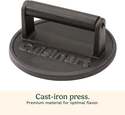 Cuisinart 6.5" Cast Iron Smashed Burger Press, Round Flat Edge Grill Press for Crispy Smash Burgers, Burger Tool for Grill and Griddle Accessories, for BBQs and Tailgates