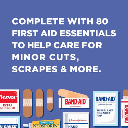 BAND-AID Brand Travel Ready Portable Emergency First Aid Kit for Minor Wound Care, Perfect for Home, Car, Travel, Camping Essentials & Outdoor Emergency Kit, 80 Pieces