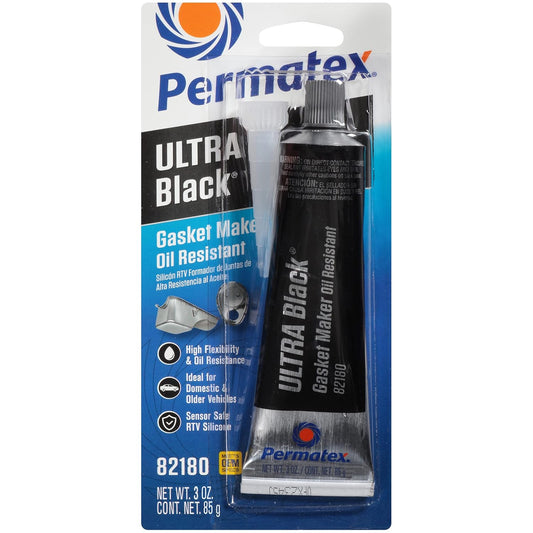 Permatex 82180 Ultra Black Maximum Oil Resistance RTV Silicone Gasket Maker, Sensor Safe and Non-Corrosive, for High Flex and Oil Resistant Applications 3 oz