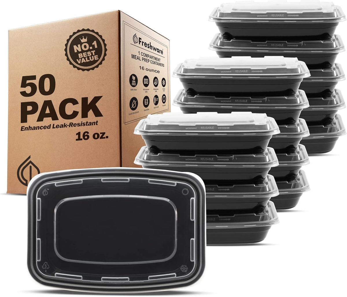 Freshware Meal Prep Containers [50 Pack] 1 Compartment Food Storage Containers with Lids, Bento Box, BPA Free, Stackable, Microwave/Dishwasher/Freezer Safe (16 oz)