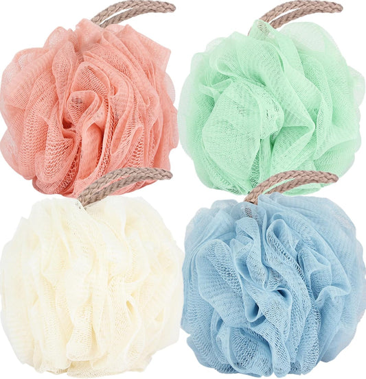 Fu Store Loofah Sponge 60g Shower Loofahs 4 Colors Bath Sponges Mesh Balls for Body Scrubber Exfoliator Wash Back Scrubber Bathroom Men Women - 4 Pack Scrubbers Cleaning Bathing Accessories
