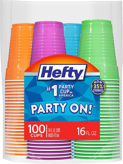 Hefty Party On Disposable Plastic Cups, Assorted, 16 Ounce, 100 Count
