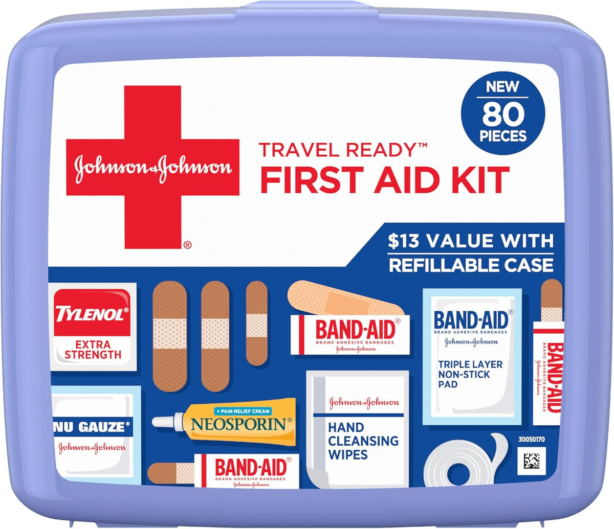BAND-AID Brand Travel Ready Portable Emergency First Aid Kit for Minor Wound Care, Perfect for Home, Car, Travel, Camping Essentials & Outdoor Emergency Kit, 80 Pieces