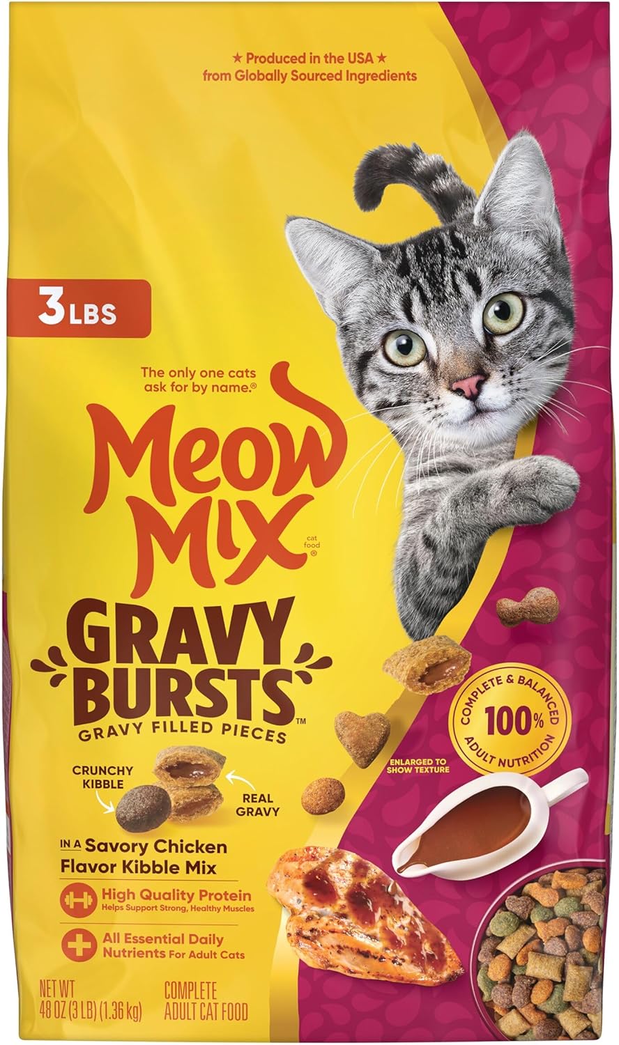 Meow Mix Gravy Bursts, Savory Chicken Flavor Mix, Gravy Filled Dry Cat Food, 3 lb. Bag