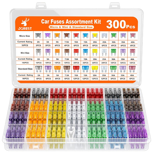 JOREST 300Pcs Car Fuse Assortment Kit, 160 Mini Blade Fuses Automotive + 90 Standard Auto Fuses + 50 Micro + Puller – Replacement for RV Camper Boat Truck (2Amp 3A 5A 7.5A 10A 15A 20A 25A 30A 35A 40A)