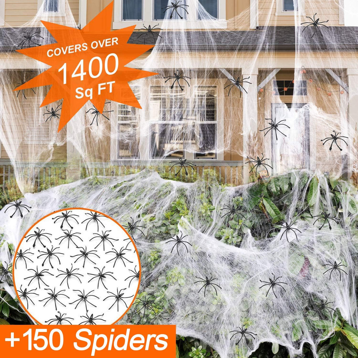 Halloween Spider Webs  1400 sqft Halloween Spider Webs Decorations with 150 Extra Fake Spiders, Super Stretchy Cobwebs for Halloween Decor Indoor and Outdoor