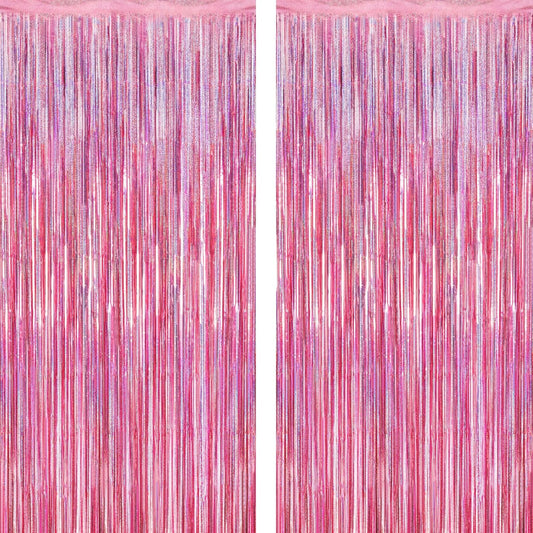 2 Pack Glitter Pink Backdrop, 3.28 FT x 7.05 FT Birthday Party Decorations, Laser Pink Fringe Curtains Foil Streamer Tinsel, Pink Curtains Photo Backdrop Happy Birthday Valentines Day Backdrop